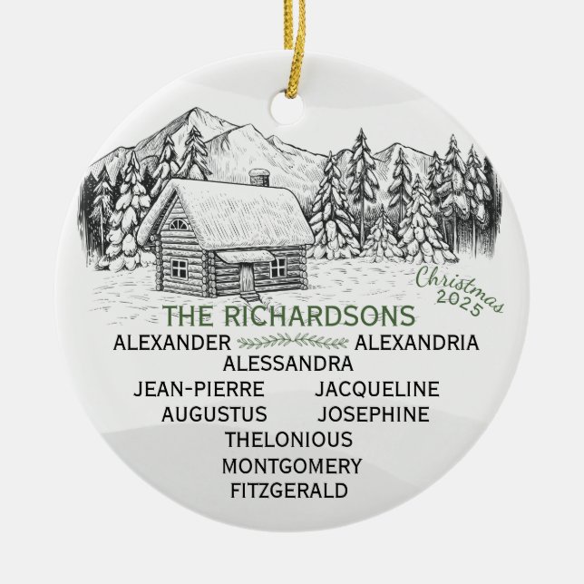 Snowy Mountain Winter Log Cabin X10 Julgransprydnad Keramik (Framsidan)