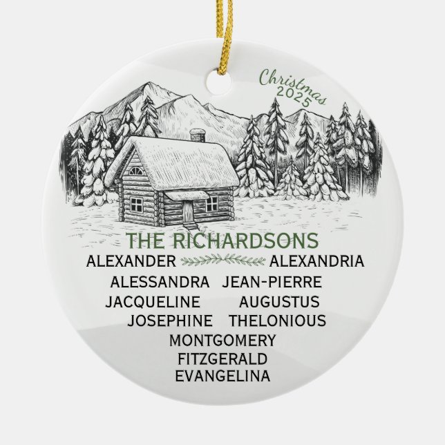 Snowy Mountain Winter Log Cabin X11 Julgransprydnad Keramik (Framsidan)