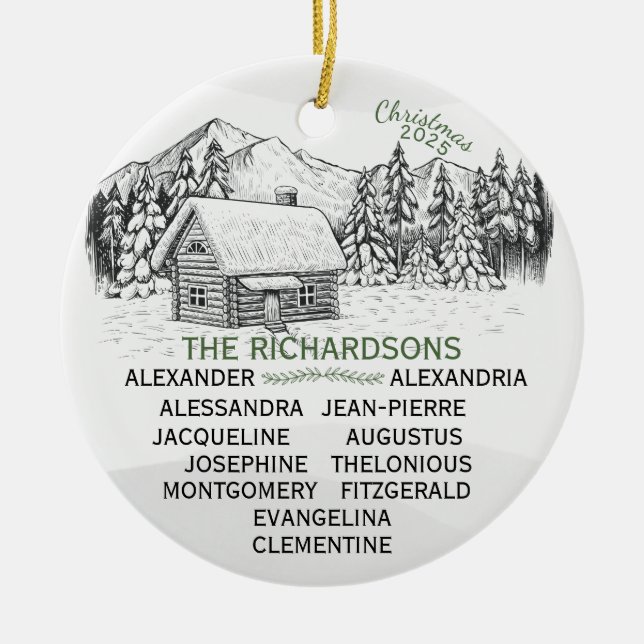 Snowy Mountain Winter Log Cabin X12 Julgransprydnad Keramik (Framsidan)