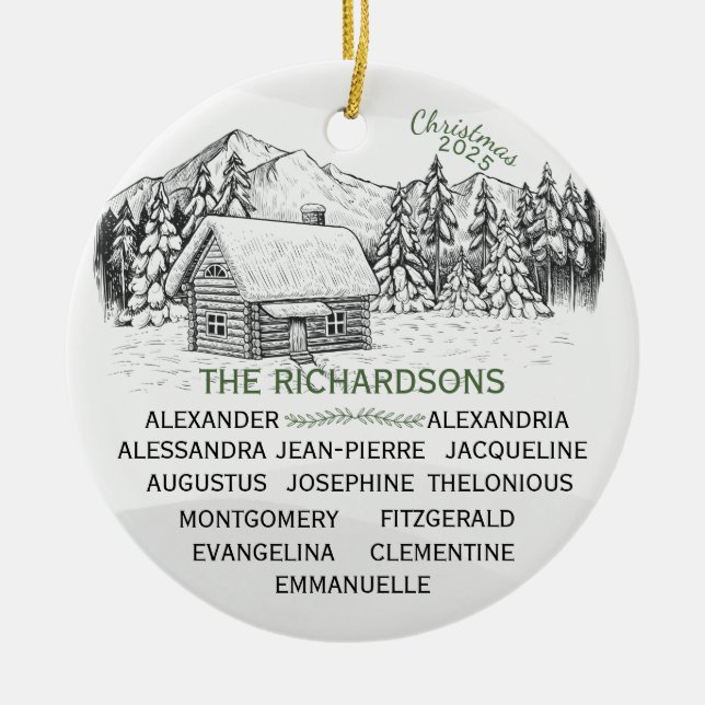 Snowy Mountain Winter Log Cabin X13 Julgransprydnad Keramik (Framsidan)