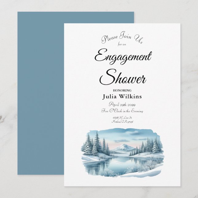 Snowy Mountain Winter Sjö Förlovning Shower Inbjudningar (Fram/baksida)