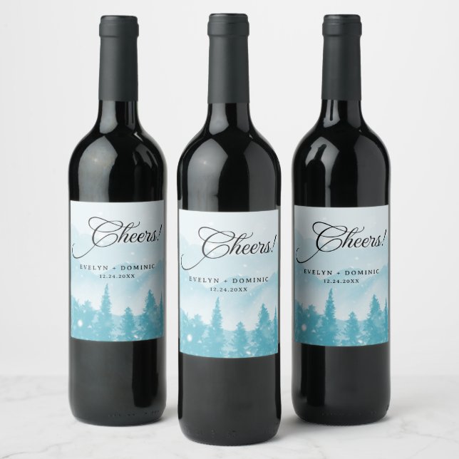 Snowy Mountains Winter Wedding Cheers Vinflaska Etikett (Flaskor)