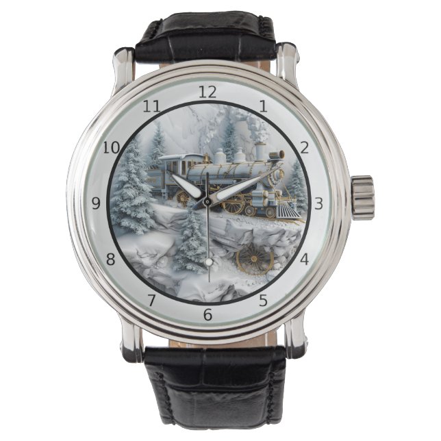 Snowy mountains with steam train AI art Armbandsur (Framsida)