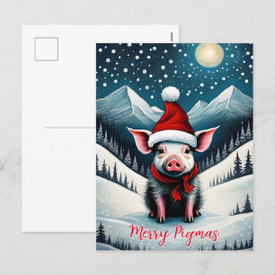Snowy Night Cute Baby Pig Merry Pigmas jul Helg Vykort