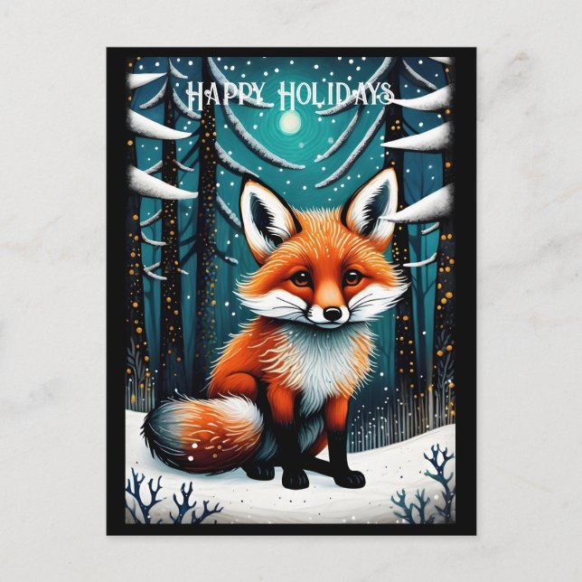 Snowy Night Forest Cute Fox-Helgdagar Vykort (Framsida)