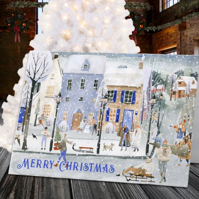Snowy Nordic Village Houses Busy Julvinter Helgkort (Snowy Nordic Village Houses Busy Christmas Winter Holiday Card)