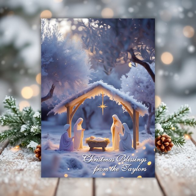Snowy Ntivity Scene Christian Helgdag jul Julkort (Snowy Nativity scene Christmas card featuring Mary, Joseph, and Baby Jesus under the Star)