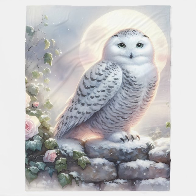 Snowy Owl in Moonlit Winter Garden Fleecefilt (Framsidan)
