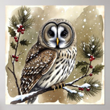 Snowy Owl on Holly Branch Watercolor Christmas
