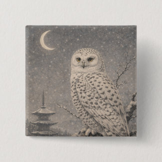 Snowy Owl Pin Badge, Japanese Moon Pagoda Wildlife Knapp