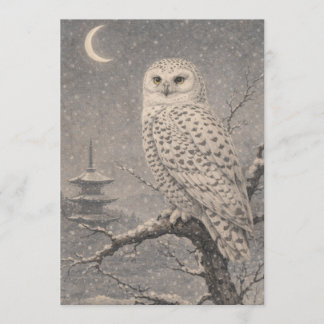 Snowy Owl Postcard, Japanese Pagoda Moon Scene Inbjudningar