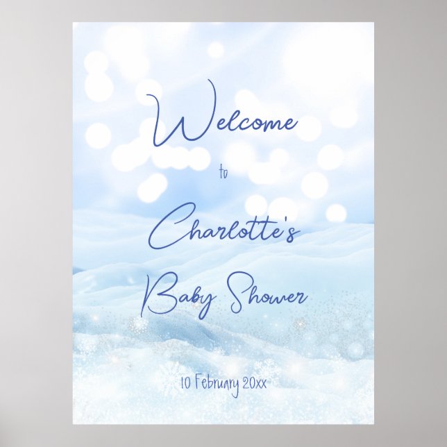 Snowy pastel blue bokeh winter baby shower welcome poster (Framsidan)