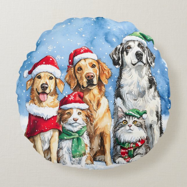 Snowy Paws Festive Cute Christmas Pets Watercolor Rund Kudde (Framsidan)