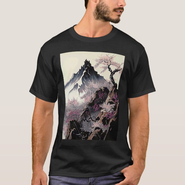 snowy peak mountain Cherry Blossom Awesome Japan T Shirt (Framsida)