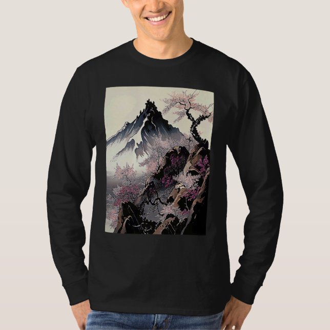 snowy peak mountain Cherry Blossom Awesome Japan T Shirt (Framsida)