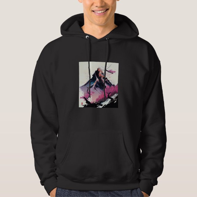 snowy peak mountain Cherry Blossom sharp colors pi Hoodie (Framsida)