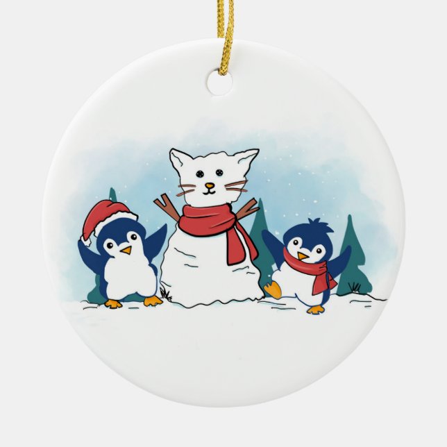 Snowy Penguins building a Christmas Snow Cat Julgransprydnad Keramik (Framsidan)