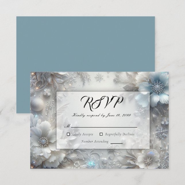 Snowy Petals i Fryst Bloom Bröllop OSA Kort (Fram/baksida)