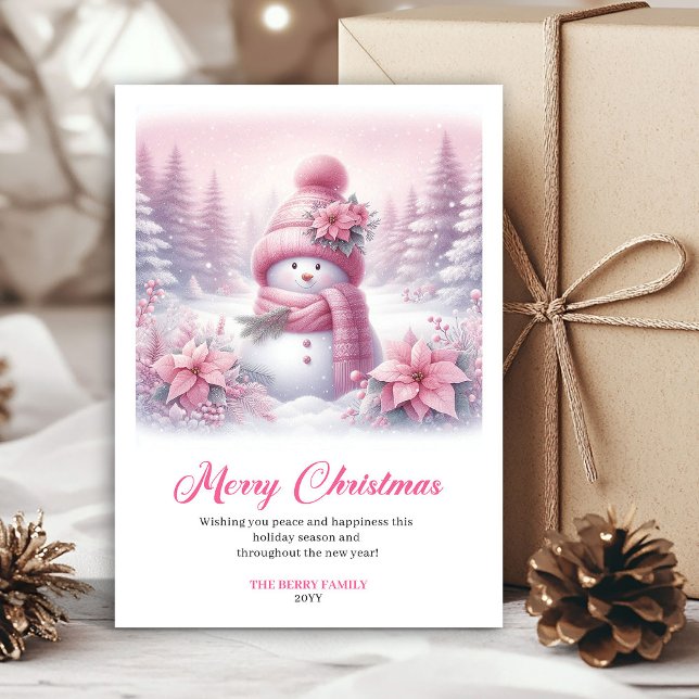Snowy pink coquette snowman kids card digital art julkort (Snowy pink coquette snowman kids card digital art)