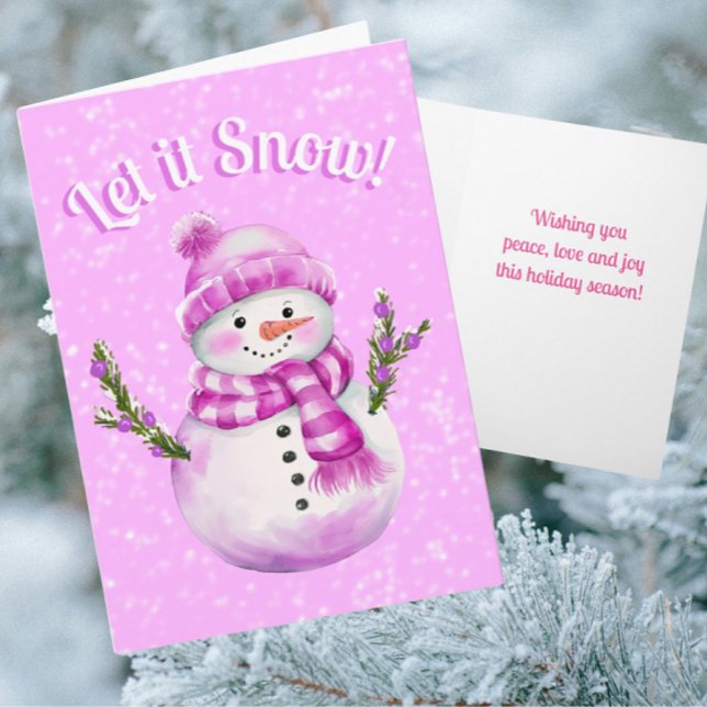 Snowy Pink White Snowman Personalized Kort (Personalize this card with your own message on front and inside)