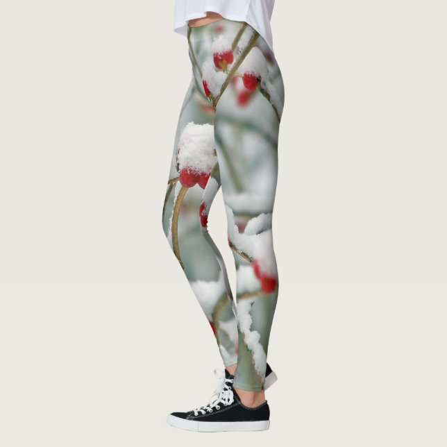 Snowy Red Berries Winter Scene Leggings (Vänster)