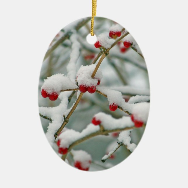 Snowy Red Berries Winter Scene Oval Julgransprydnad Keramik (Framsidan)