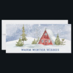 Snowy Red Cabin | Warm Winter Önskemål<br><div class="desc">Vinterhälsningskortet har ett rött A-ram-kabin på vintern snö med texten "varmt vinter önskemål". Baksidan har ett snöstrå backe med utrymme för skriva i ert eget budskap.</div>