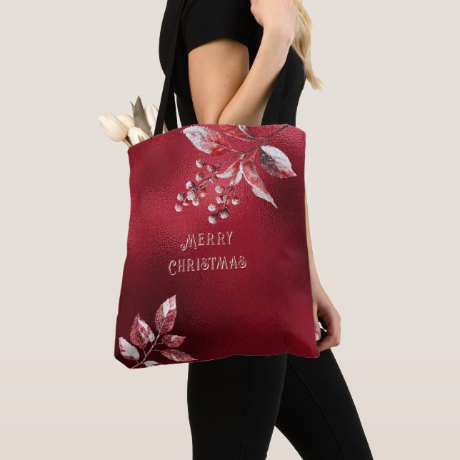 Snowy Red Löv jul Helgdag Tote Bag Tygkasse (Närbild)