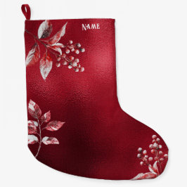 Snowy Red Lövs Helgdag Stocking Stor Julstrumpa