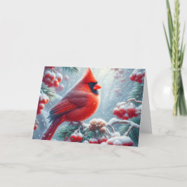 Snowy Red Winter Cardinal in Holly Helgkort