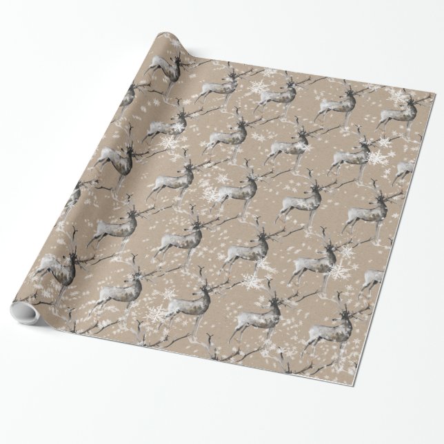Snowy Reindeer Kraft Papprare utrensning Presentpapper (Utrullad)