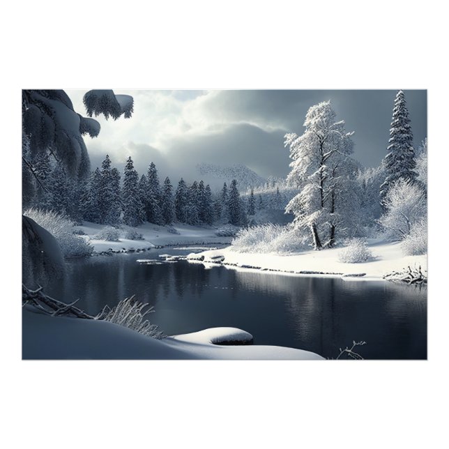 Snowy river landscape: a winter idyll fototryck (Framsidan)