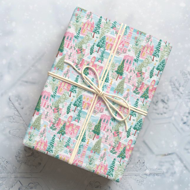 Snowy Rosa Jul Town Presentpapper (Skapare uppladdad)