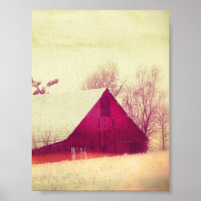 Snowy Rustic Red Winter Barn in Iowa Poster (Framsidan)