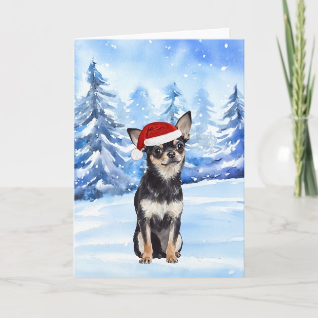 Snowy Santa Chihuahua Watercolor jul Kort (Framsida)