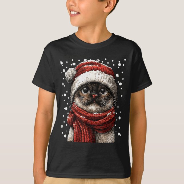 Snowy Siamese Cat With Snow Santa Hat Winter Chris T Shirt (Framsida)