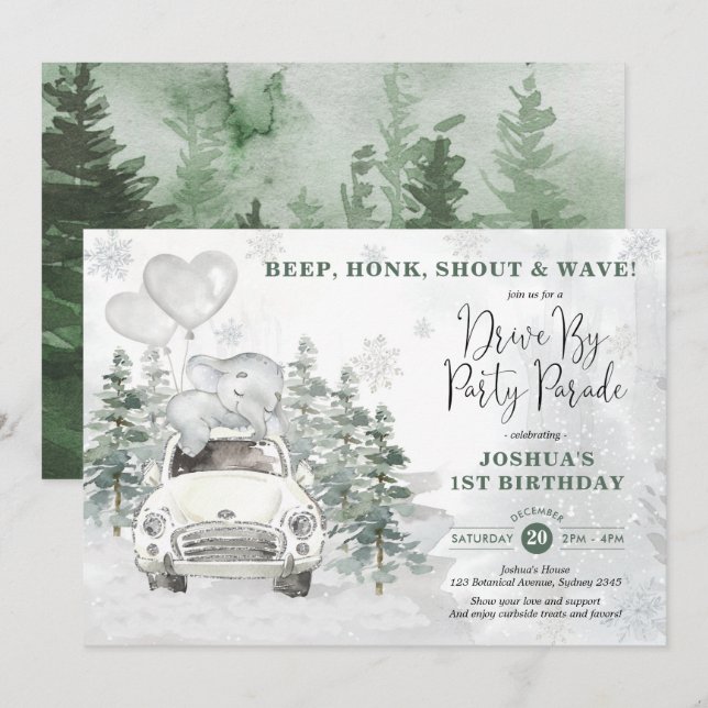 Snowy Silver Winter Elephant Drive by Birthday Inbjudningar (Fram/baksida)