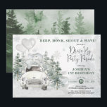 Snowy Silver Winter Elephant Drive by Birthday Inbjudningar<br><div class="desc">Fjort,  Honk,  Shout och Wave! Unik inbjudan att fylla på enhetsdagen med en berömvärd baby-elefant som sover ovanpå en chic silver & vit bil,  vattenfärgen gräs träd och söt frostig snöflingor</div>