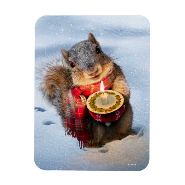 Snowy Squirrel Holding Candle Magnet (Vertikal)