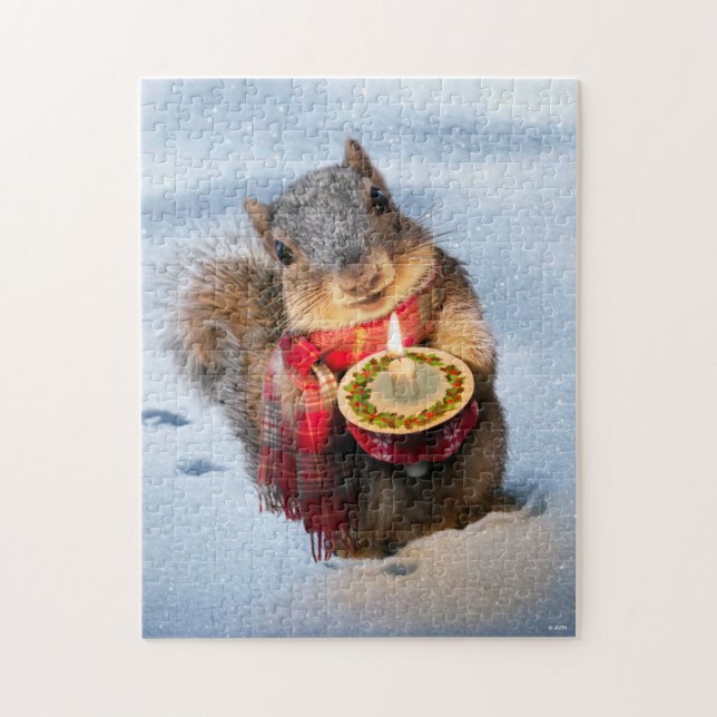 Snowy Squirrel Holding Candle Pussel (Vertikal)
