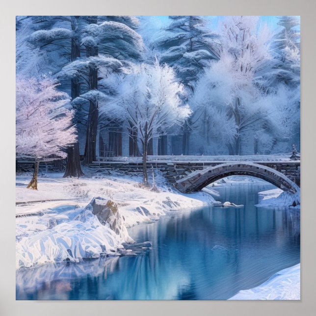 Snowy Stone Bridge, Serene Winter Ligcape Poster (Framsidan)