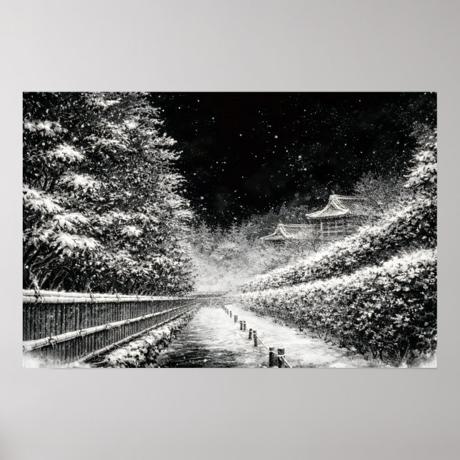 Snowy Temple Path at Night – Japanese Zen Wall Art Poster (Framsidan)