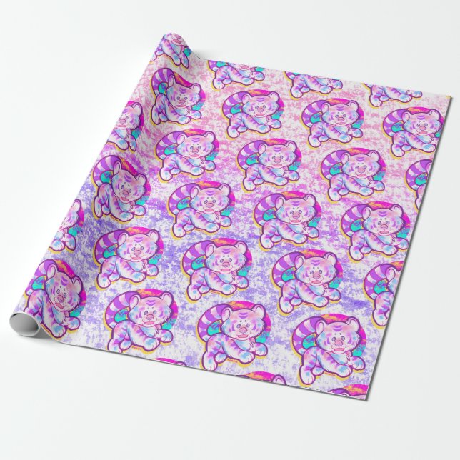Snowy Tiger Cute Neon Kidcore Presentpapper (Utrullad)