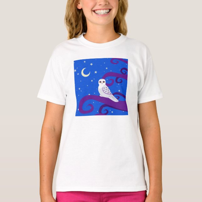 Snowy Uggla Crescent Måne Night Forest Art T-shirt (Framsida)