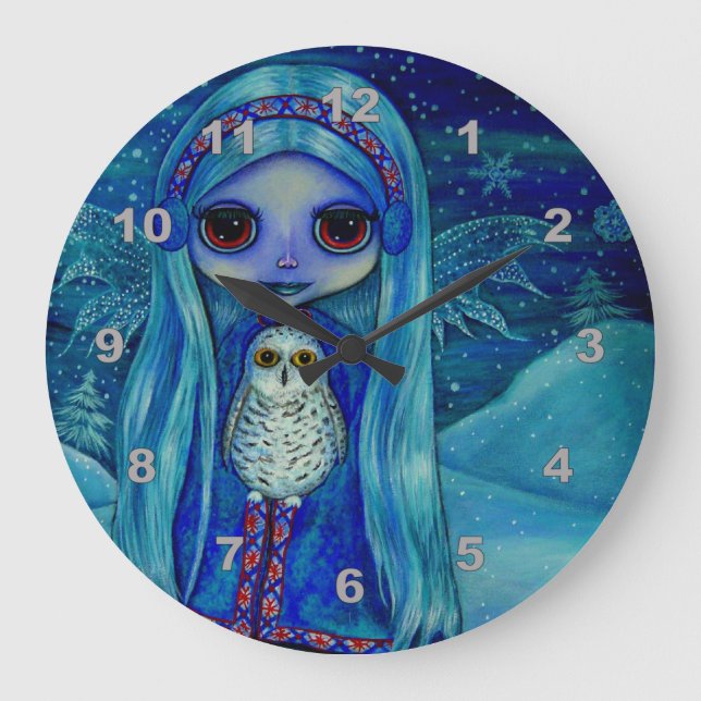 Snowy Uggla Fairy Magic Winter Snöflingor Nursery Stor Klocka (Framsida)