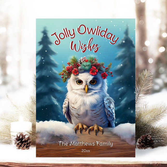 Snowy Uggla i Forest Rustic Jolly Owliday Önskemål Julkort (Adorable Winter Snowy Scene With Peeking Dogs or Farm/Woodland Animals - Over 50 to Choose From!)
