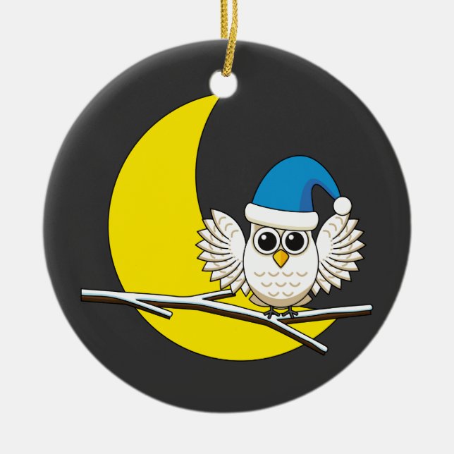 Snowy Uggla i New Måne Winter Natten Julgransprydnad Keramik (Framsidan)