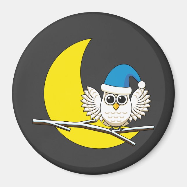 Snowy Uggla i New Måne Winter Natten Magnet (Framsidan)