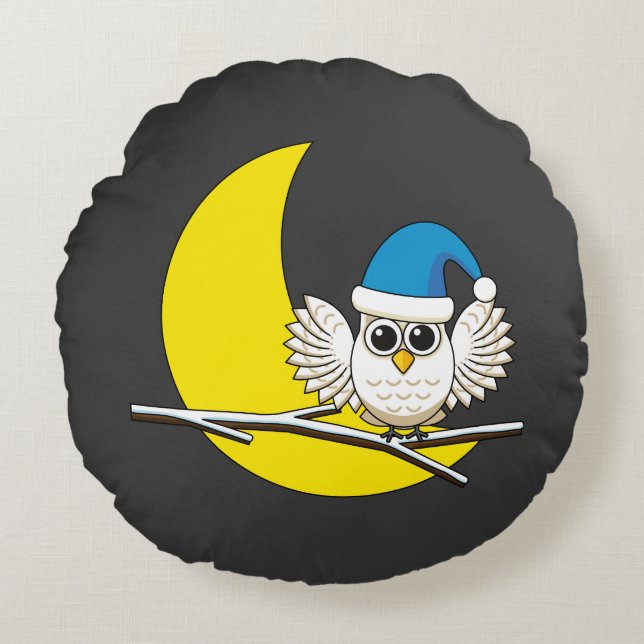 Snowy Uggla i New Måne Winter Natten Rund Kudde (Framsidan)