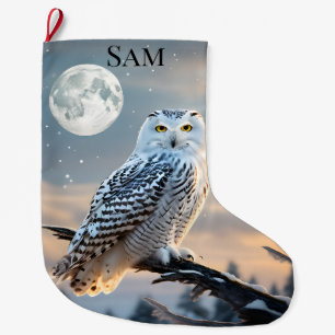 Snowy Uggla i Vinter Moonlight med Snö Stor Julstrumpa
